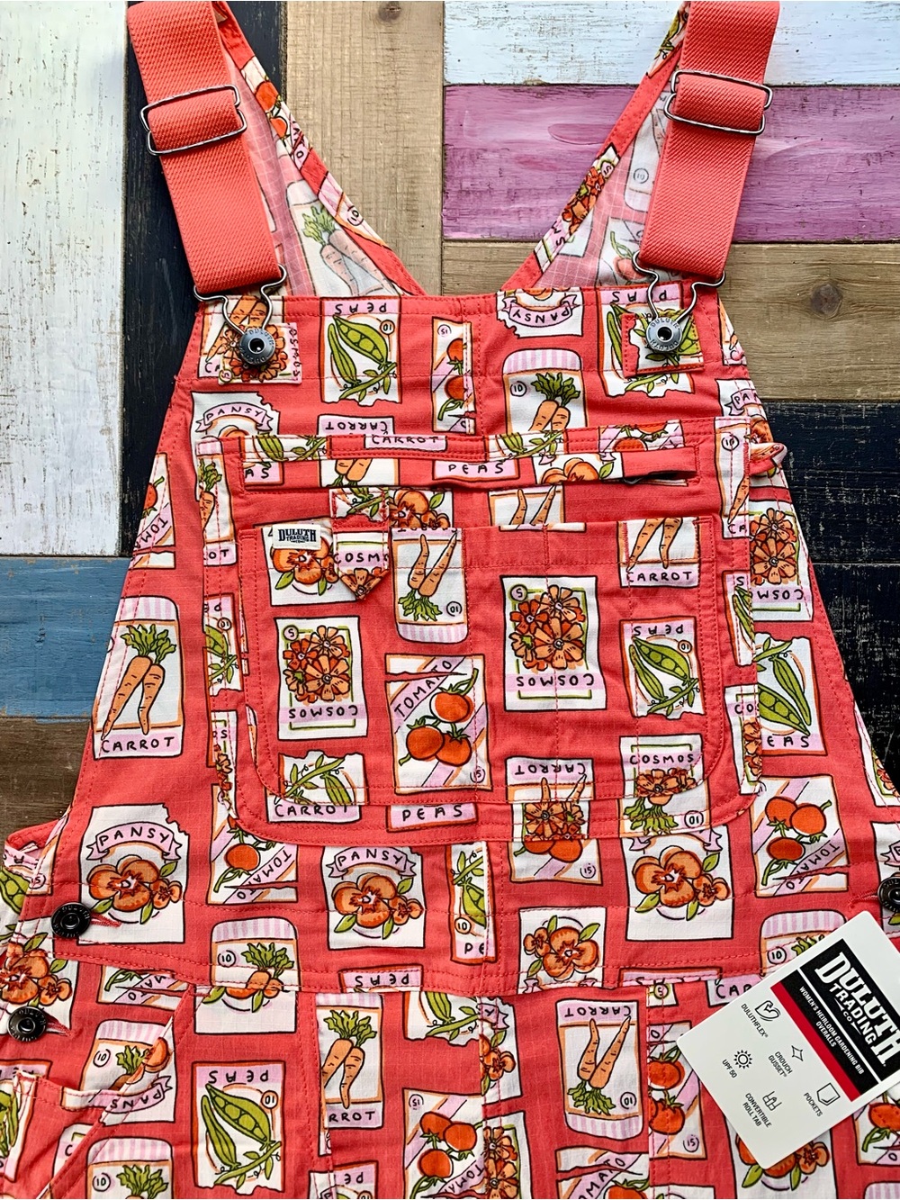 NWT Duluth Small x31L Heirloom Gardening Bib Overalls Coral Seed Packets Farming